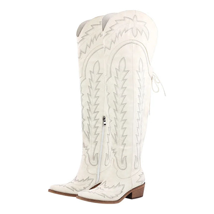 Onlymaker Women’s Red Thigh-High Embroidered Cowboy Boots