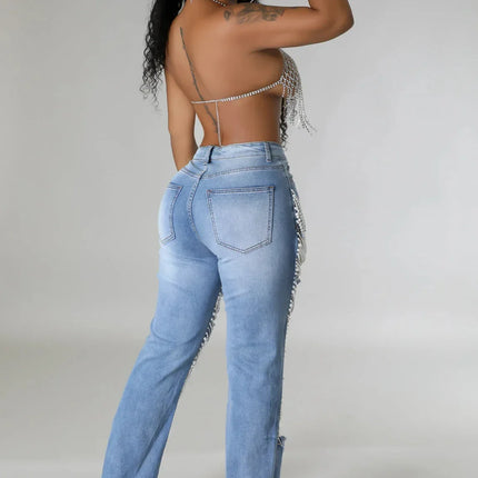 CM.YAYA Women’s Pearl Beaded Ripped Tassel Wide-Leg Jeans