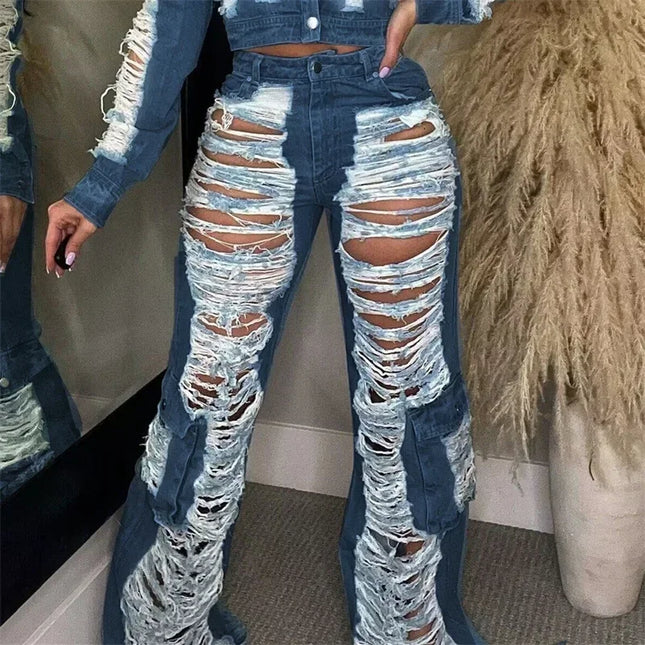 Women’s High-Waist Patchwork Hollow-Out Ripped Jeans