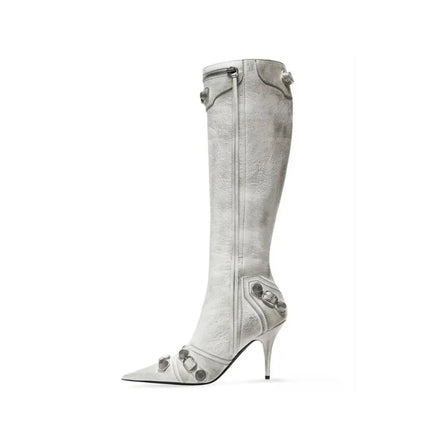 Women’s Pointed Rivet Tassel Knee-High Boots with Side Zip