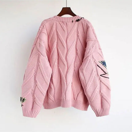 Women’s V-Neck Embroidered Patchwork Knit Cardigan