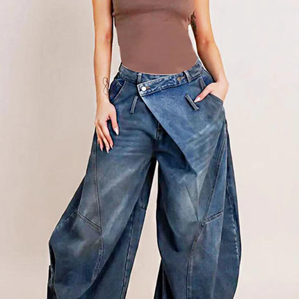 Women’s Loose High-Waist Asymmetric Button Washed Denim Jeans