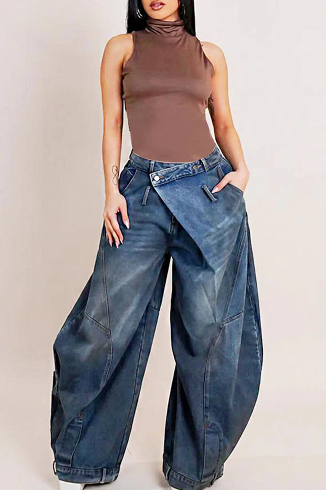 Women’s Loose High-Waist Asymmetric Button Washed Denim Jeans