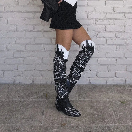 Onlymaker Women’s Wide-Calf Knee-High Embroidered Cowboy Boots