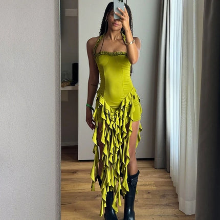Hugcitar Ruffled Halter Backless Mini – Elegant Spring Dress