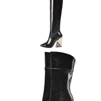 Rhinestone Cowhide Mid-Knee Heeled Boots