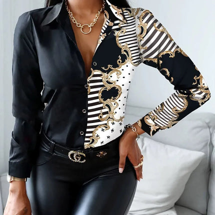 Elegant Turn-Down Collar Blouse – Vintage Slim Printed Shirt