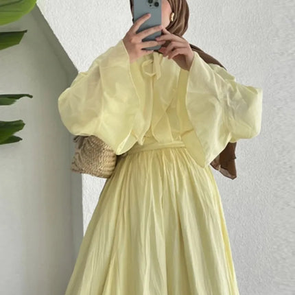 Ruffle Flare Sleeve Set – Lace-Up Shirt & Pleated High-Waist Skirt