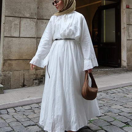 Ruffle Flare Sleeve Set – Lace-Up Shirt & Pleated High-Waist Skirt