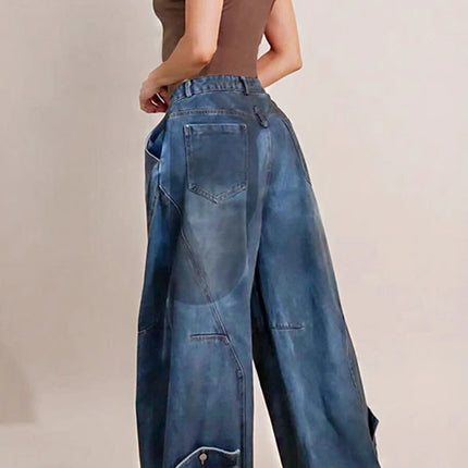 Women’s Loose High-Waist Asymmetric Button Washed Denim Jeans