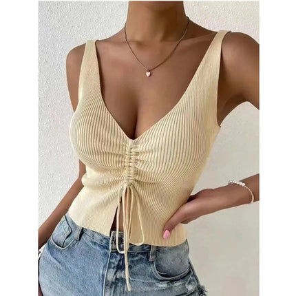StretchFit – Summer Ribbed Drawstring V-Neck Crop Top