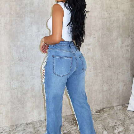 CM.YAYA Women’s Pearl Beaded Ripped Tassel Wide-Leg Jeans