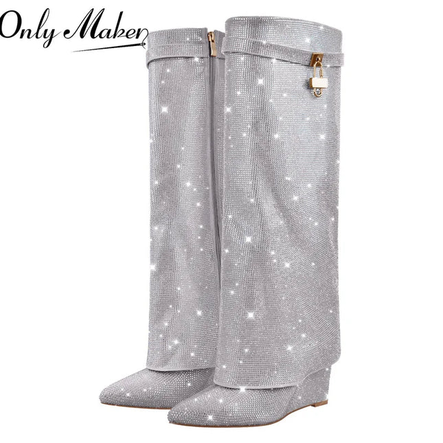 Onlymaker Women’s Rhinestone Knee-High Party Boots