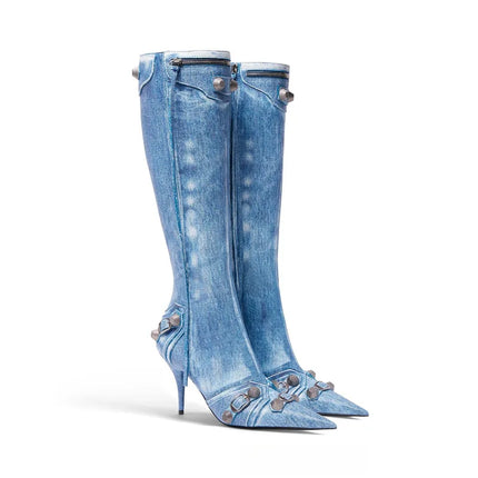 Women’s Pointed Rivet Tassel Knee-High Boots with Side Zip