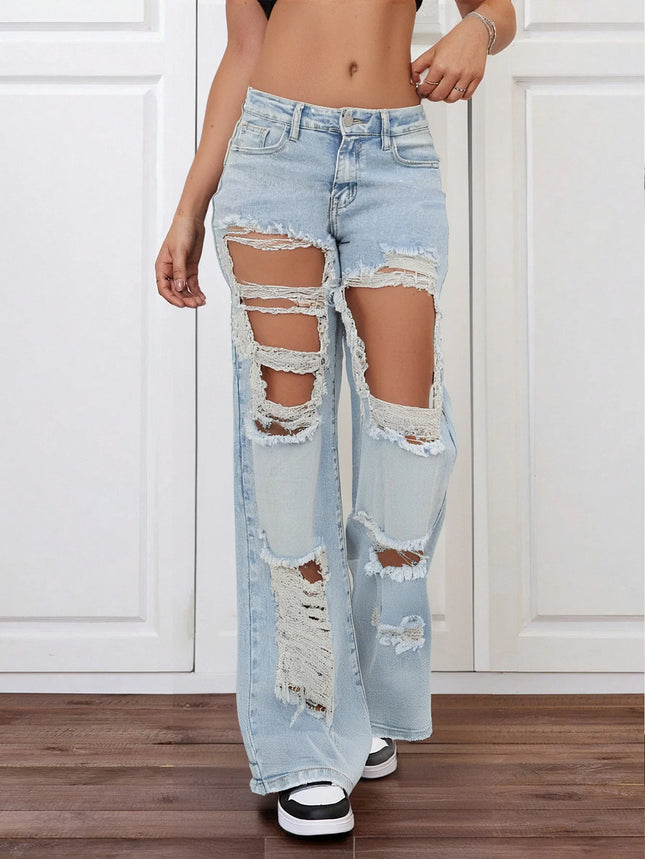 Women’s Light Blue Extreme Ripped Wide-Leg Jeans