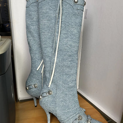 Women’s Pointed Rivet Tassel Knee-High Boots with Side Zip