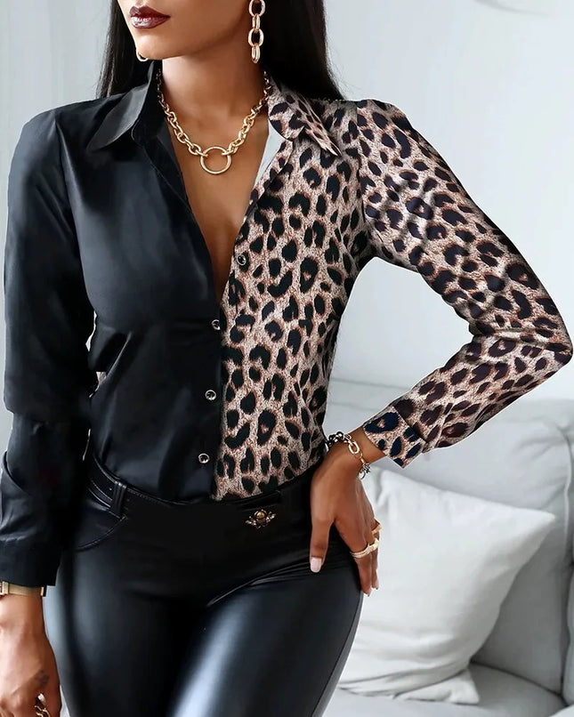 Elegant Turn-Down Collar Blouse – Vintage Slim Printed Shirt