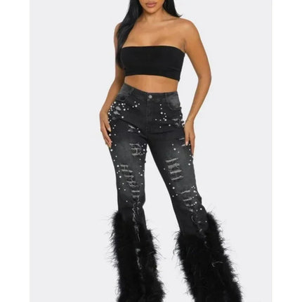 CM.YAYA Women’s Beaded Hollow-Out Feather Flare Jeans
