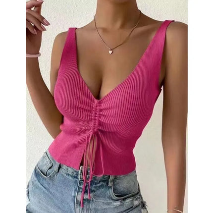 StretchFit – Summer Ribbed Drawstring V-Neck Crop Top