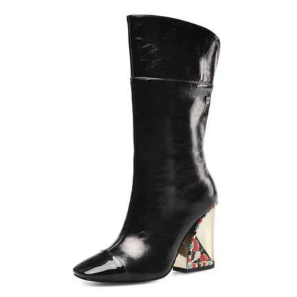 Rhinestone Cowhide Mid-Knee Heeled Boots