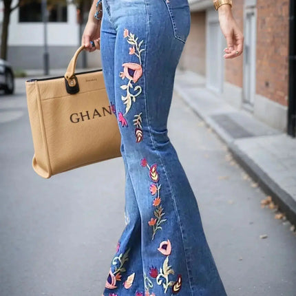 Women’s High-Waist Floral-Print Slim Flare Denim Jeans with Raw-Edge Hem