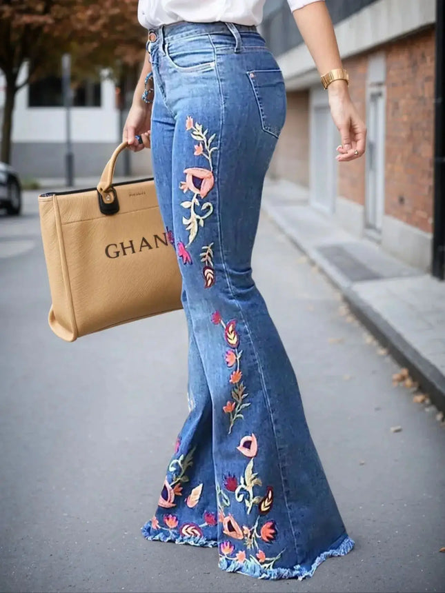 Women’s High-Waist Floral-Print Slim Flare Denim Jeans with Raw-Edge Hem