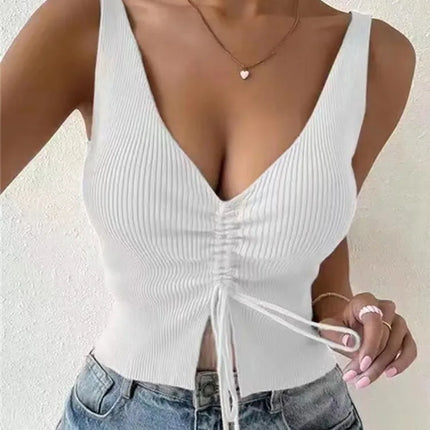 StretchFit – Summer Ribbed Drawstring V-Neck Crop Top