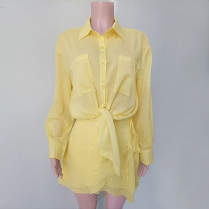 VEITCHE Linen Two-Piece Set – Long Sleeve Shirt & Mini Skirt Beachwear