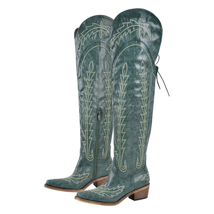 Onlymaker Women’s Red Thigh-High Embroidered Cowboy Boots