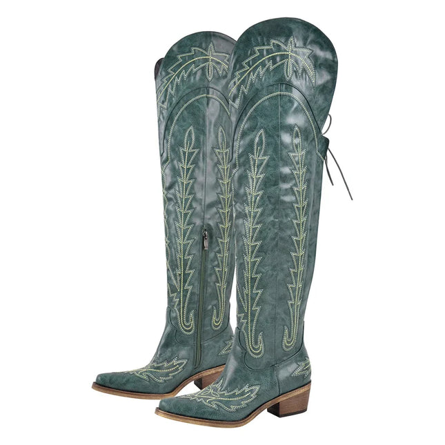 Onlymaker Women’s Red Thigh-High Embroidered Cowboy Boots