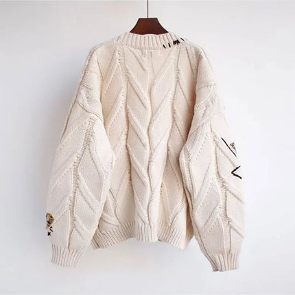 Women’s V-Neck Embroidered Patchwork Knit Cardigan