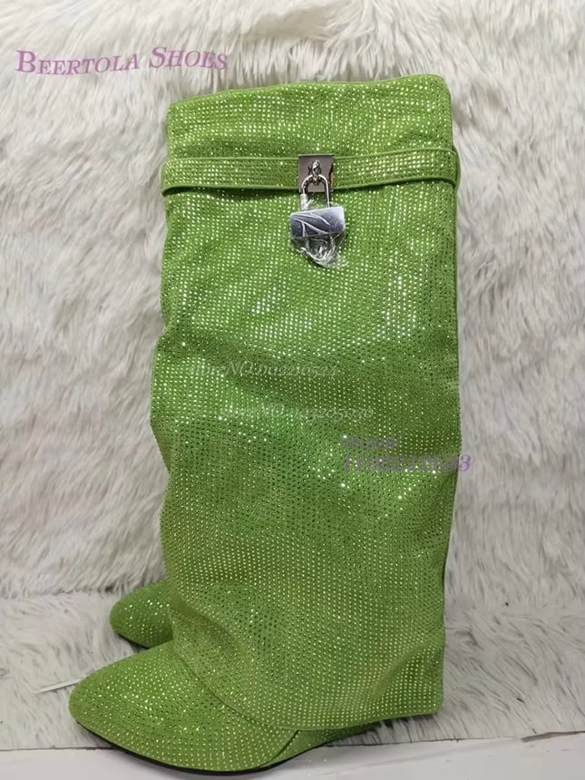 Women’s Pink Crystal Flat Knee-High Boots with Buckle & Zip