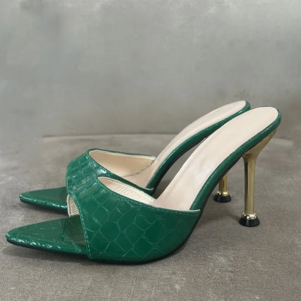 Women’s Crocodile-Texture Pointed-Toe Stiletto Sandals