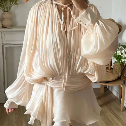 TWOTWINSTYLE V-Neck Mini Dress – Spliced Lace-Up Sweet Blouse