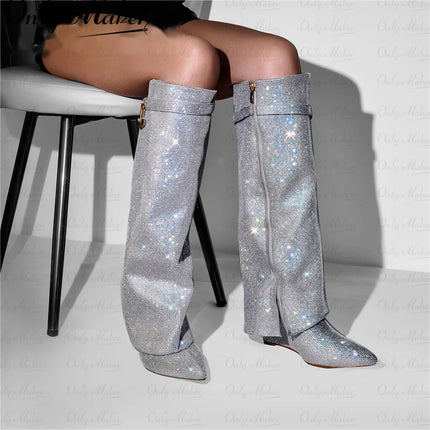 Onlymaker Women’s Rhinestone Knee-High Party Boots