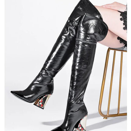 Rhinestone Cowhide Mid-Knee Heeled Boots