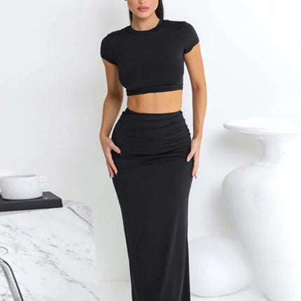Slim Solid Two-Piece Set – Casual O-Neck Tee & Hip Skirt