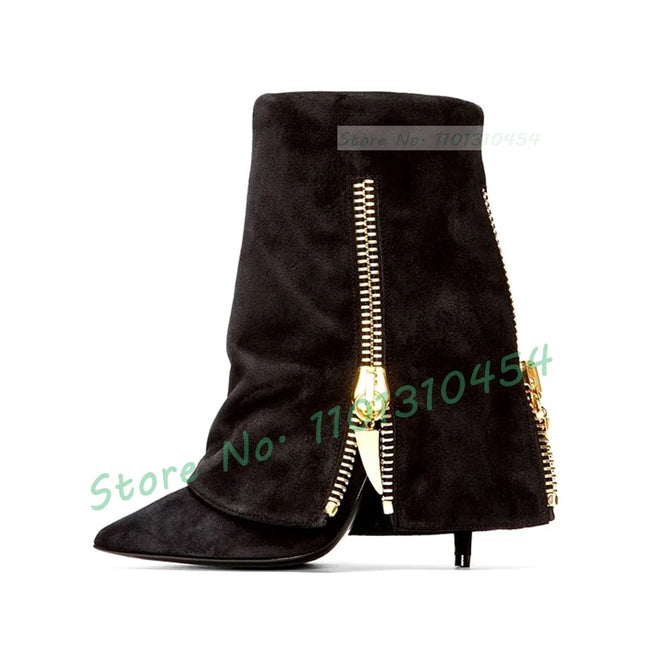 Women’s Gold Pointed-Toe Zipper Booties with Fold-Over Heels