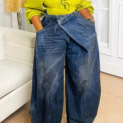 Women’s Loose High-Waist Asymmetric Button Washed Denim Jeans