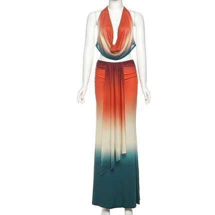 VEITCHE Mesh Print Halter Set – Off-Shoulder Backless Top & Skirt