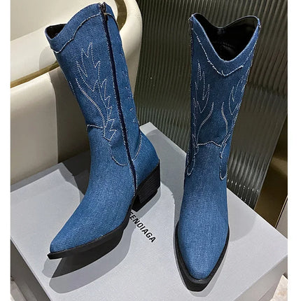 2024 Blue Denim Mid-Calf Embroidered Cowboy Boots