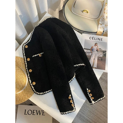 MEXZT Vintage Tweed Cropped Jacket – Elegant Quilted Black Blazer