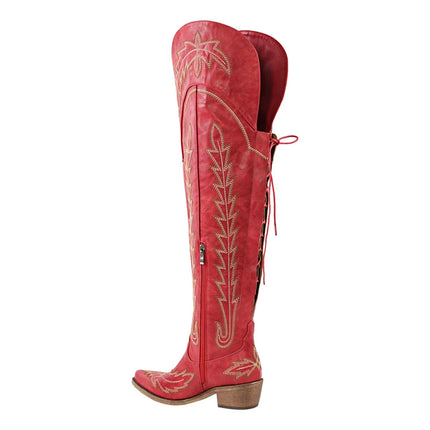 Onlymaker Women’s Red Thigh-High Embroidered Cowboy Boots