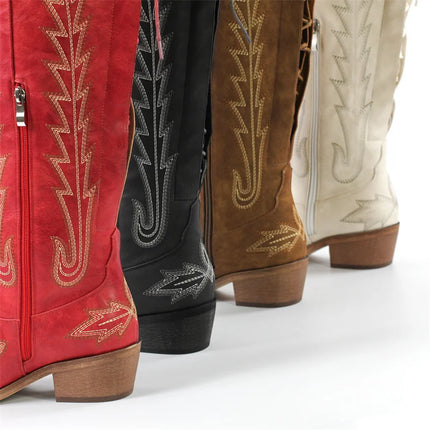 Onlymaker Women’s Red Thigh-High Embroidered Cowboy Boots