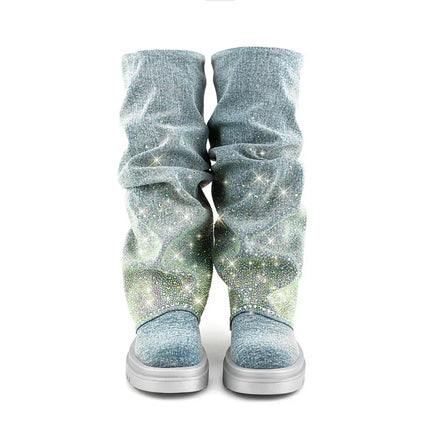 Women’s Blue Denim Pleated Platform Boots with Rhinestones