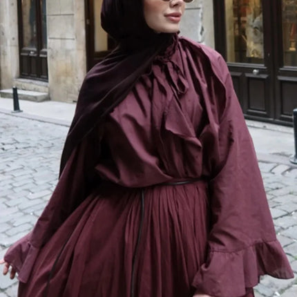 Ruffle Flare Sleeve Set – Lace-Up Shirt & Pleated High-Waist Skirt