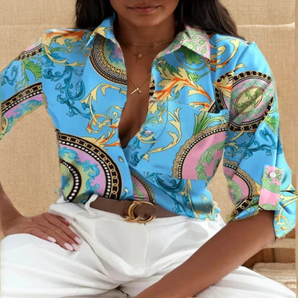 Elegant Turn-Down Collar Blouse – Vintage Slim Printed Shirt