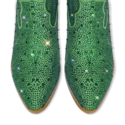Onlymaker Women’s Rhinestone Green Knee-High Cowboy Boots