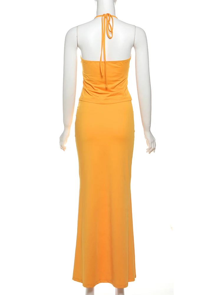 Sisterlinda Bandage Halter Set – Backless Tank & Maxi Skirt Suit