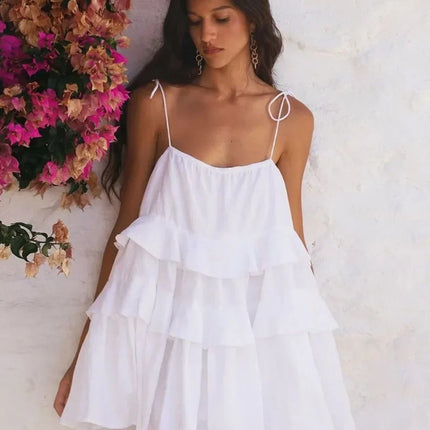 Wolfeel Classic White Cotton Mini Dress – Sexy Summer Ruffle